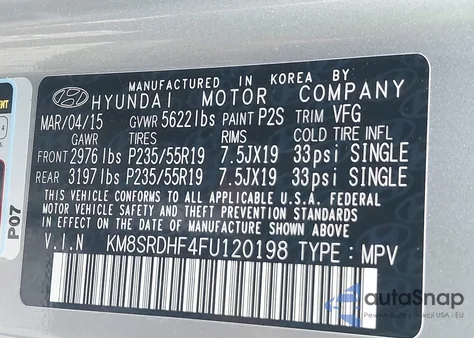 2015 Hyundai Santa Fe Limited z USA, uszkodzony, nr VIN KM8SRDHF4FU120198